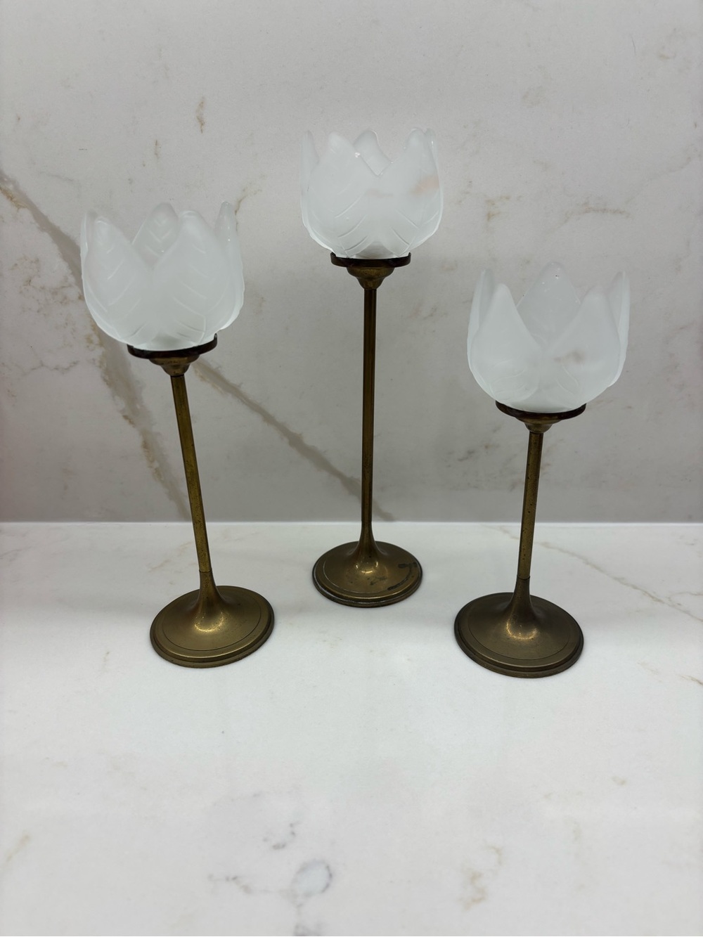 Vintage Brass & Frosted Glass Tulip Lotus Stemmed Candle Holders
